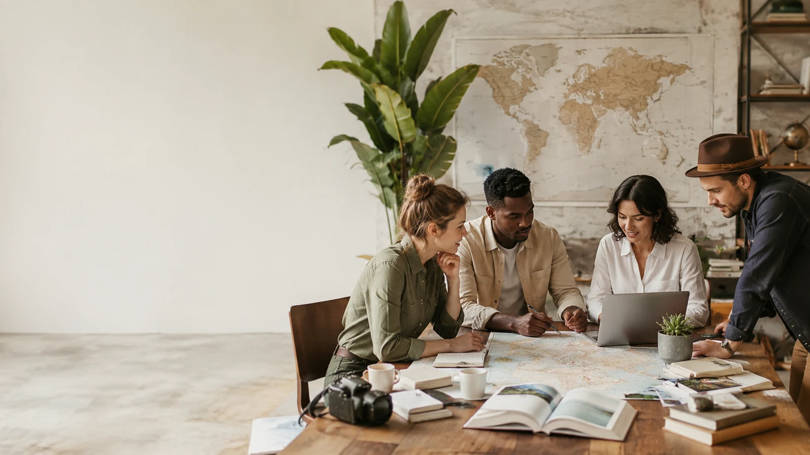 Travel editors and planners collaborating around a world map and destination research