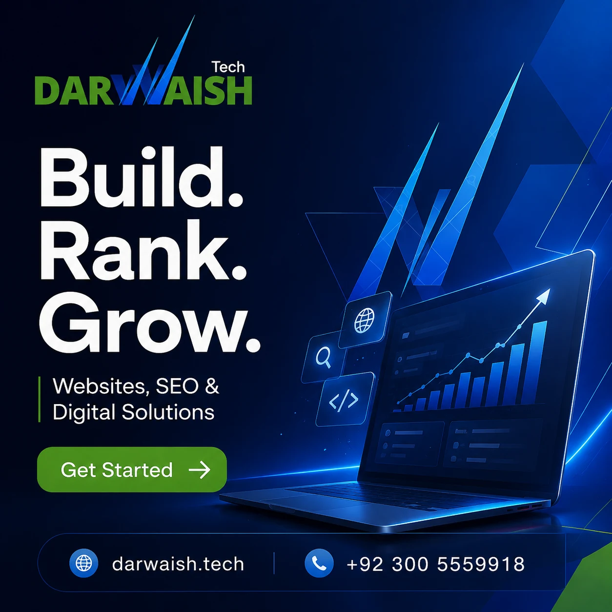 Darwaish Tech square creative promoting websites, SEO and digital growth solutions.