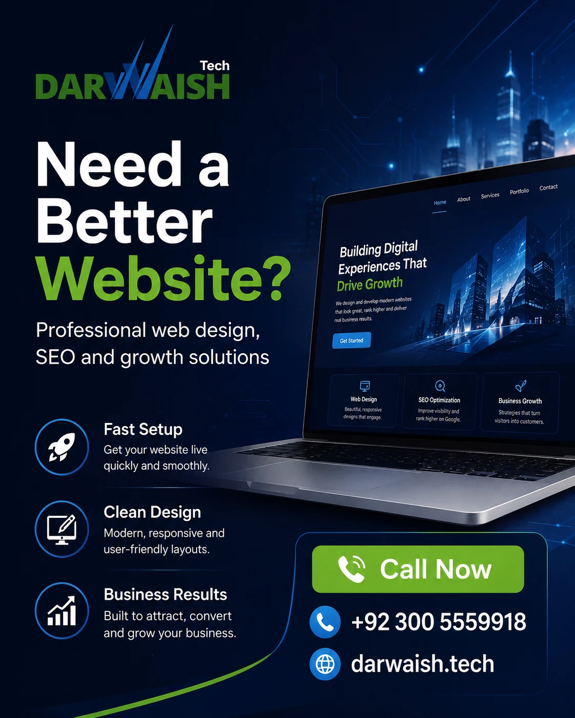 Darwaish Tech vertical creative promoting professional web design, SEO and business growth solutions.