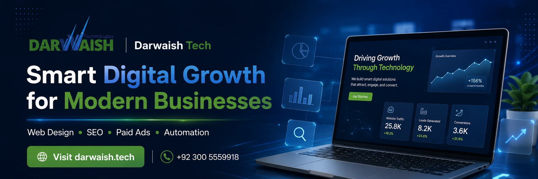 Darwaish Tech banner promoting web design, SEO, paid ads and automation for modern businesses.