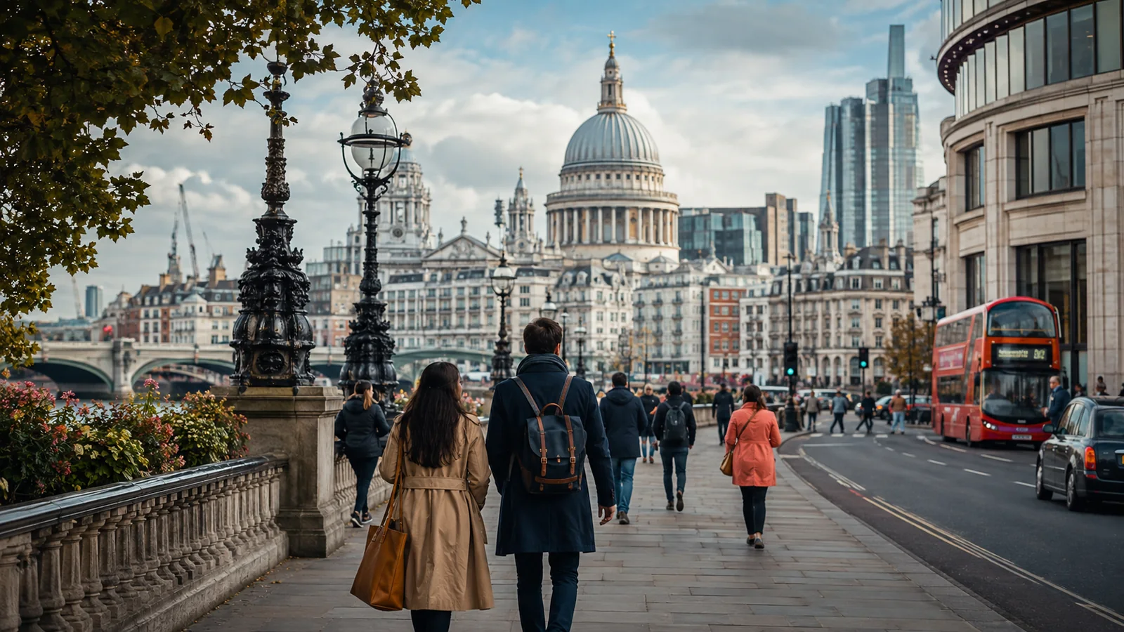 Travellers walking beside the Thames through central London toward historic and modern architecture