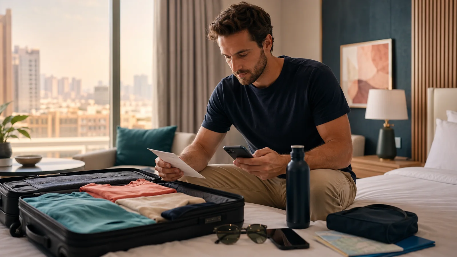 Traveller preparing luggage and practical essentials for a Dubai trip