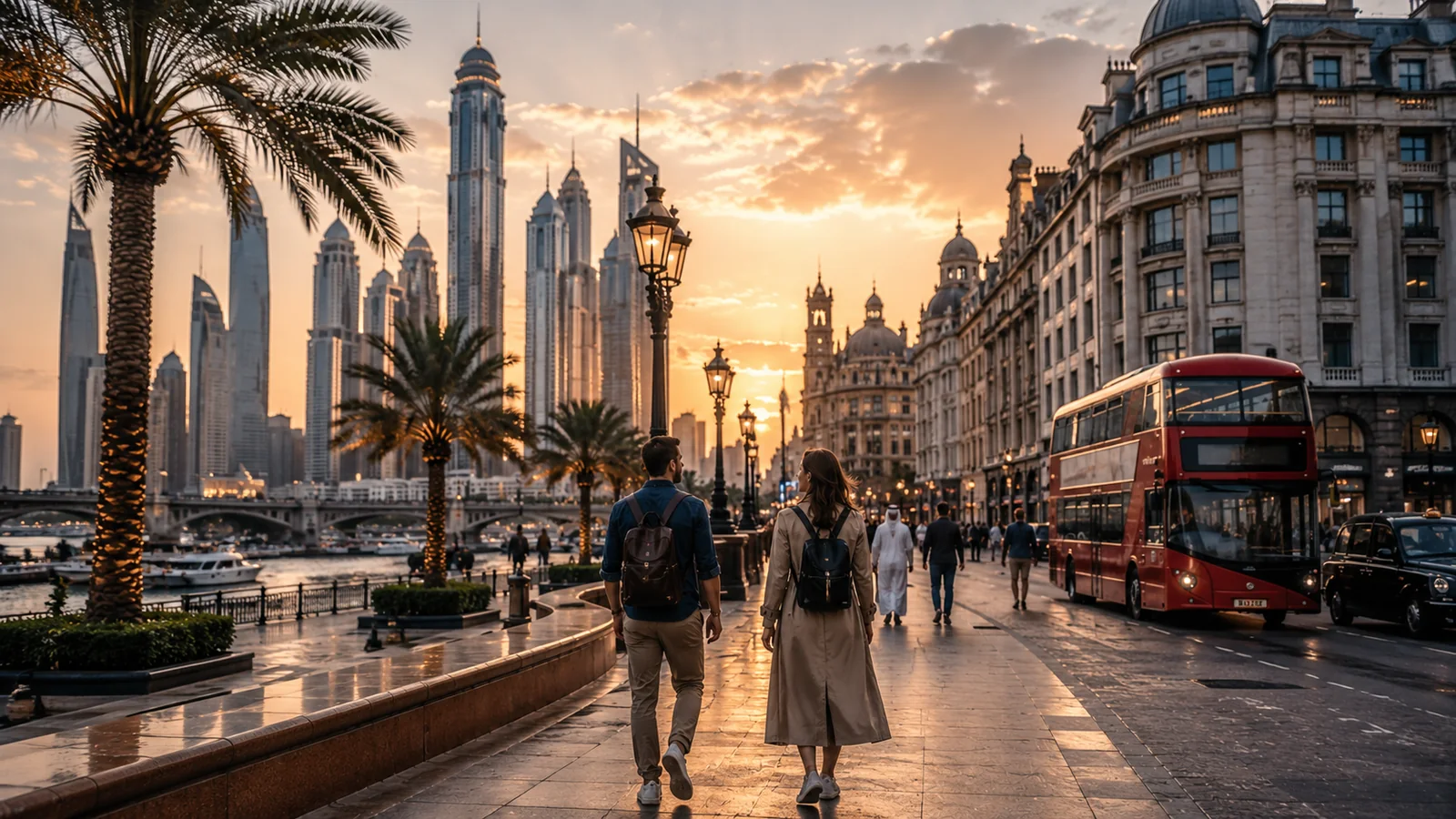 Travellers walking through a city scene blending modern Gulf architecture and classic London character