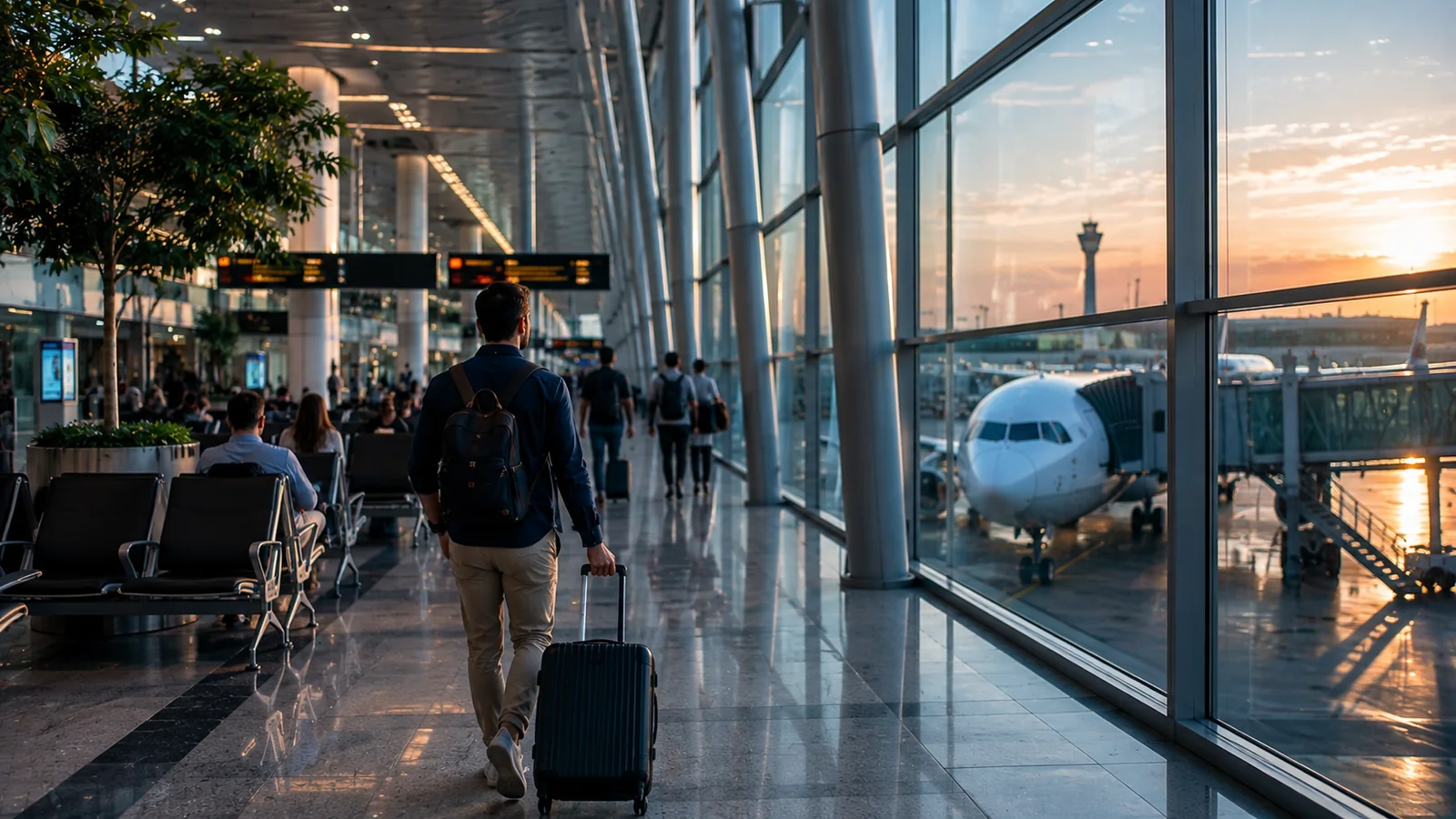 International traveller moving through a modern airport terminal with carry-on luggage