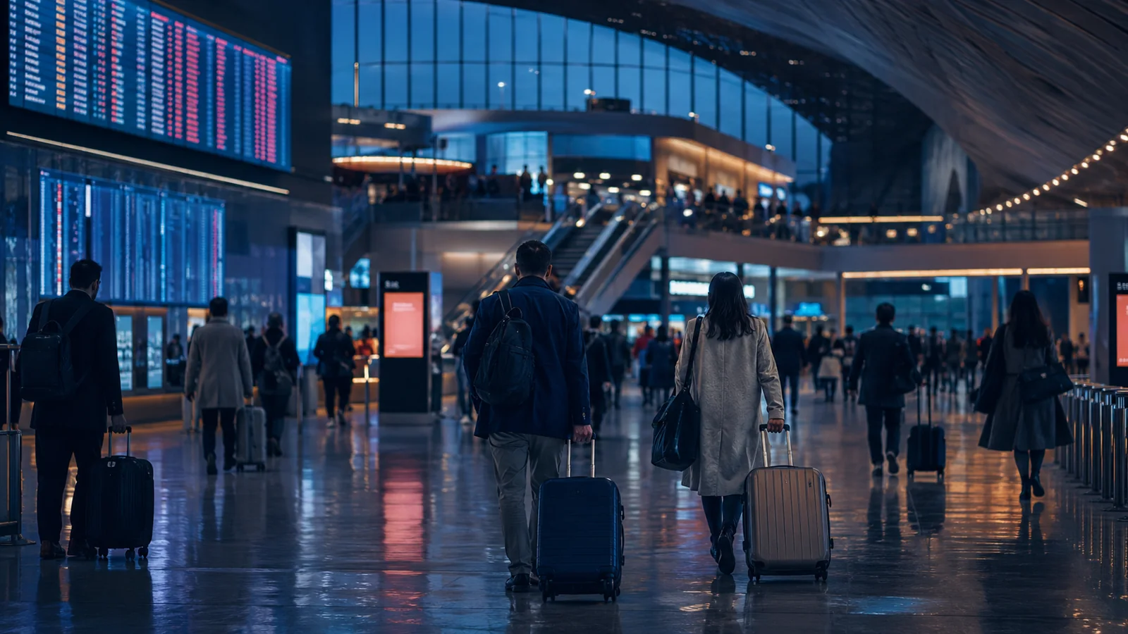 International travellers moving through a busy modern transport hub