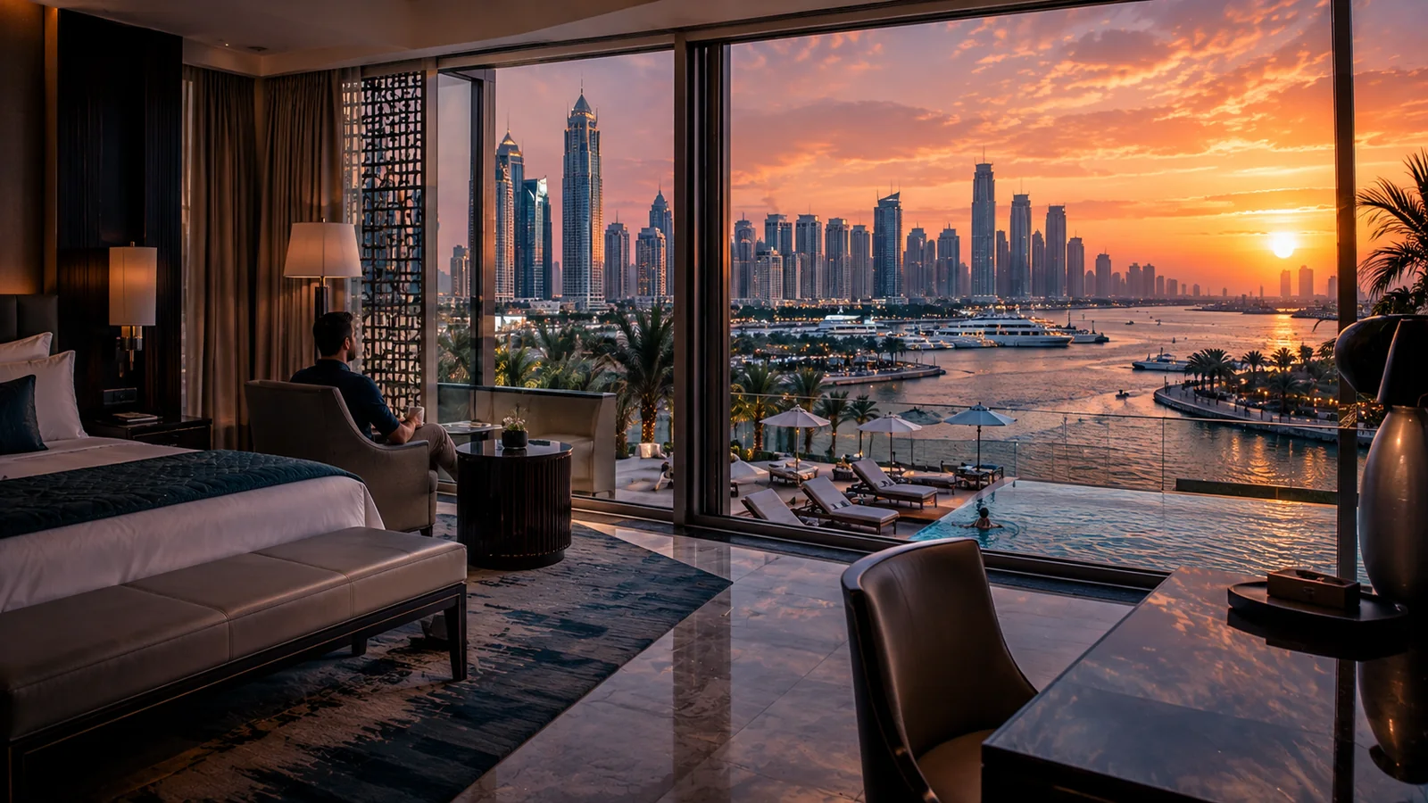 Dubai hotel overlooking a modern waterfront neighbourhood
