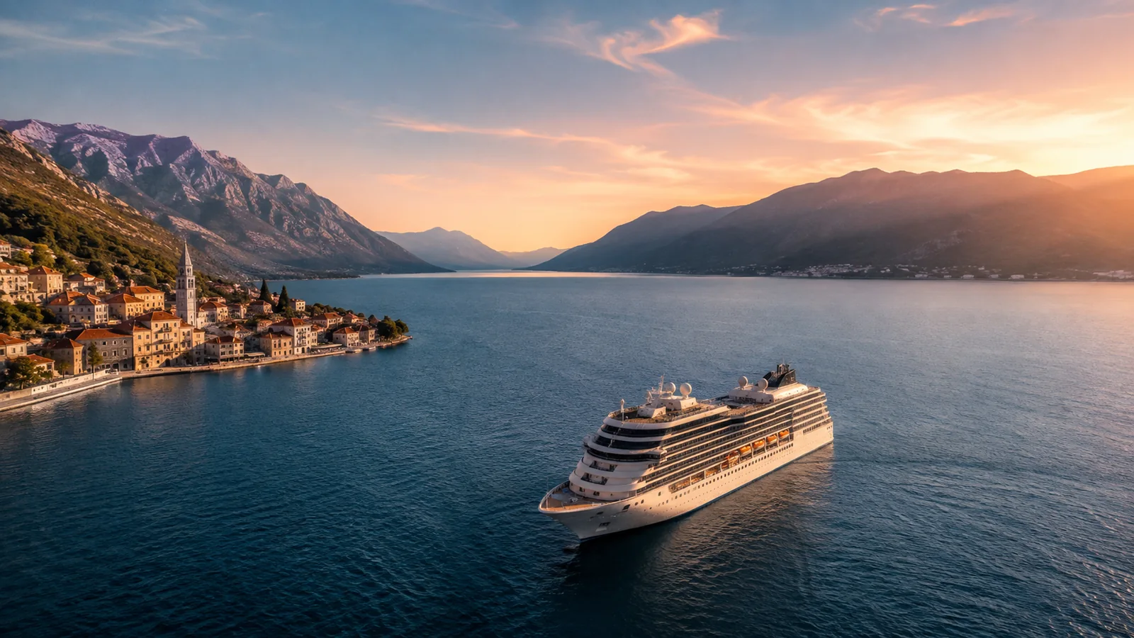 Cruise ship sailing toward a scenic travel destination