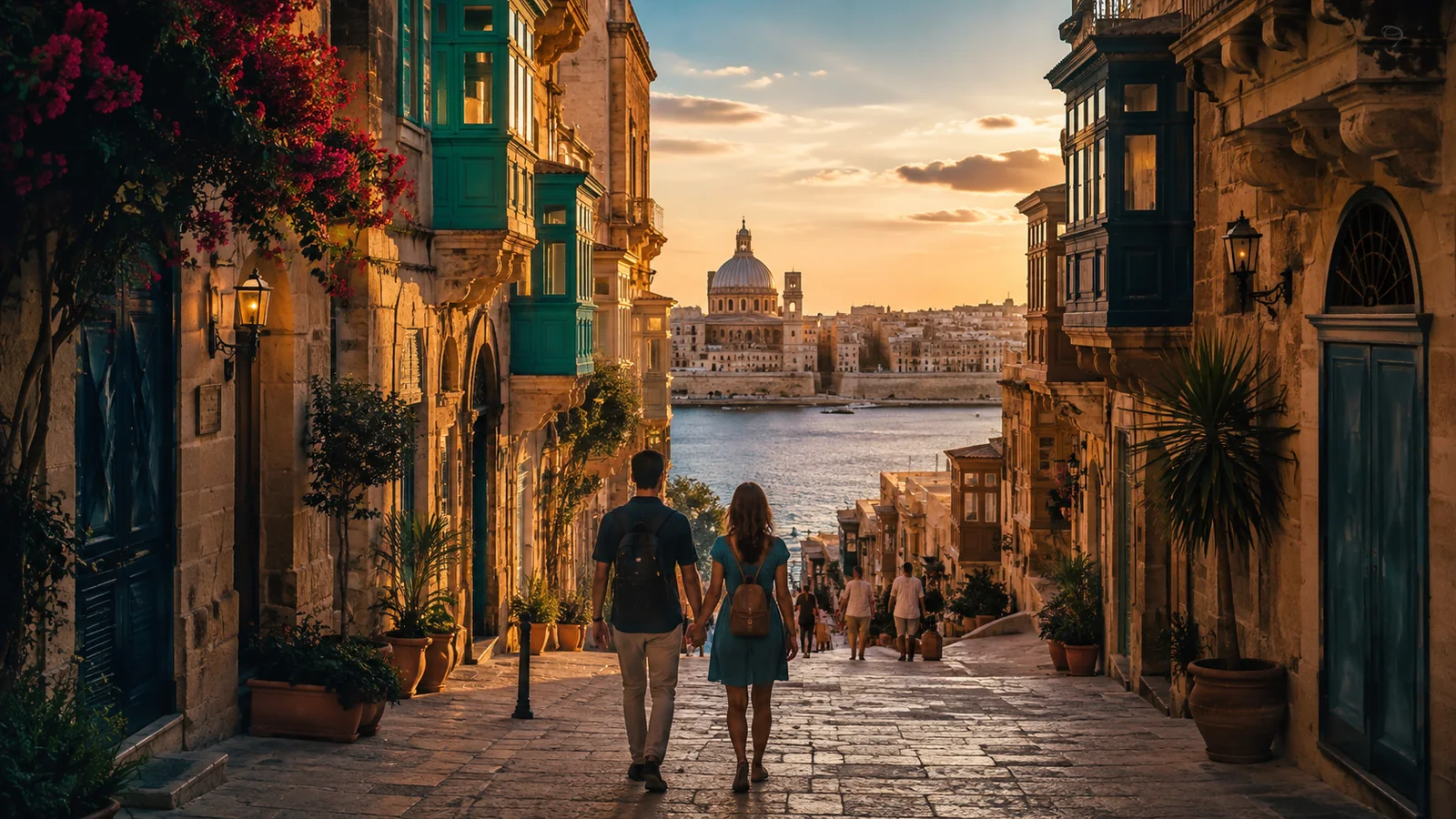 Travellers exploring a scenic city destination