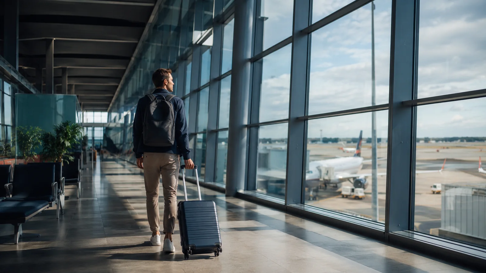 Traveller moving through a modern international airport